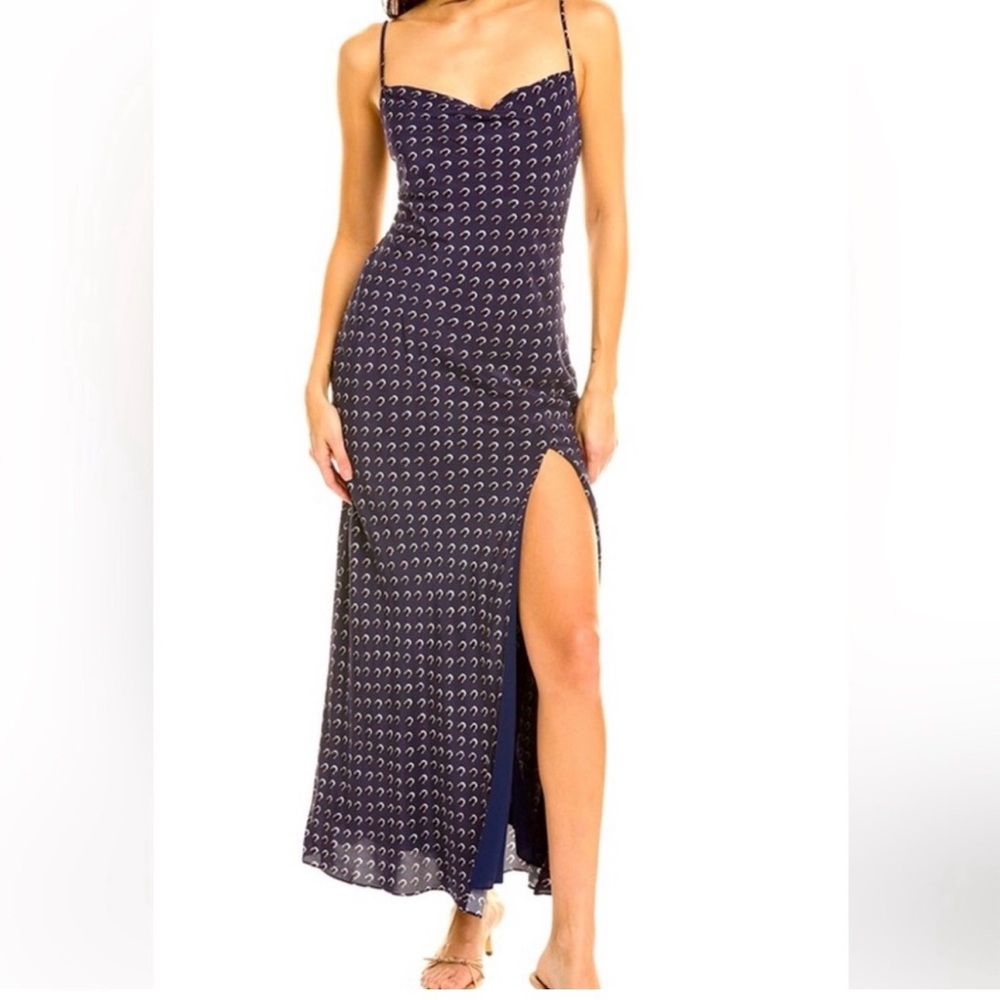 STAUD Navy Printed Spaghetti-Strap Maxi Dress with High Slit